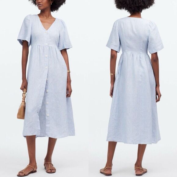 MADEWELL Linen Midi Dress Women XS Blue Stripe NEW Button Front Pockets NQ632 - Picture 1 of 16